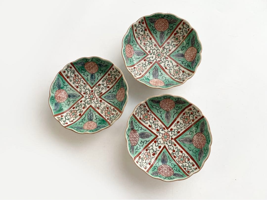 骨董　アンティーク　古伊万里　色絵　花唐草文様　膾皿　なます皿　3枚