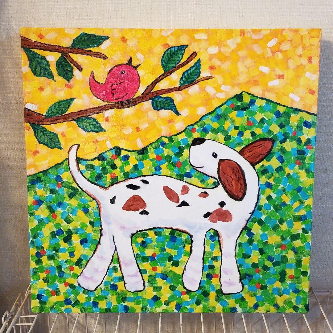 油絵　Yumiko確認　友だちの歌を聴く犬