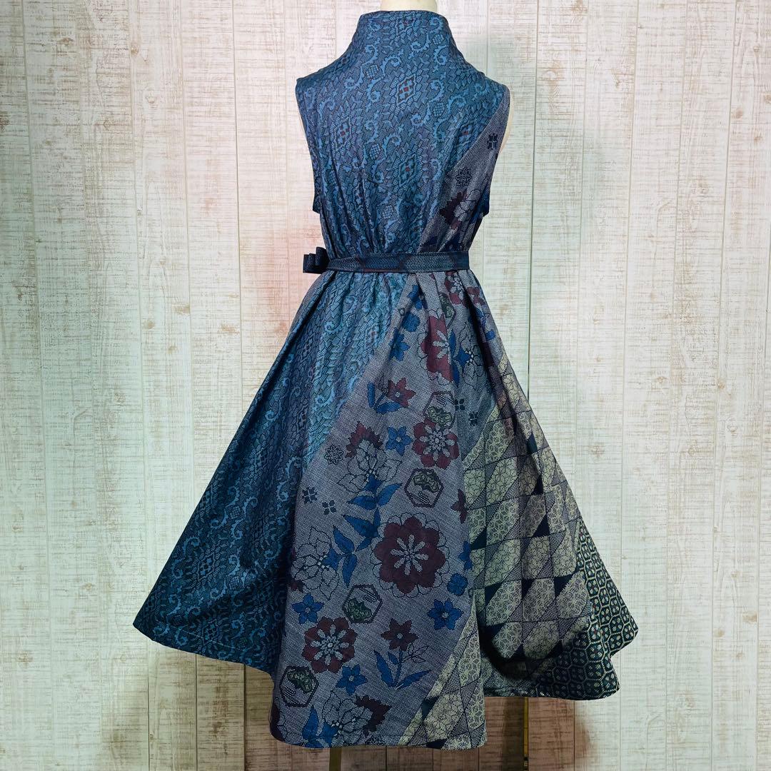 着物リメイク＊数種類の正絹大島紬で立ち襟＆テントラインワンピースＭ〜Ｌ