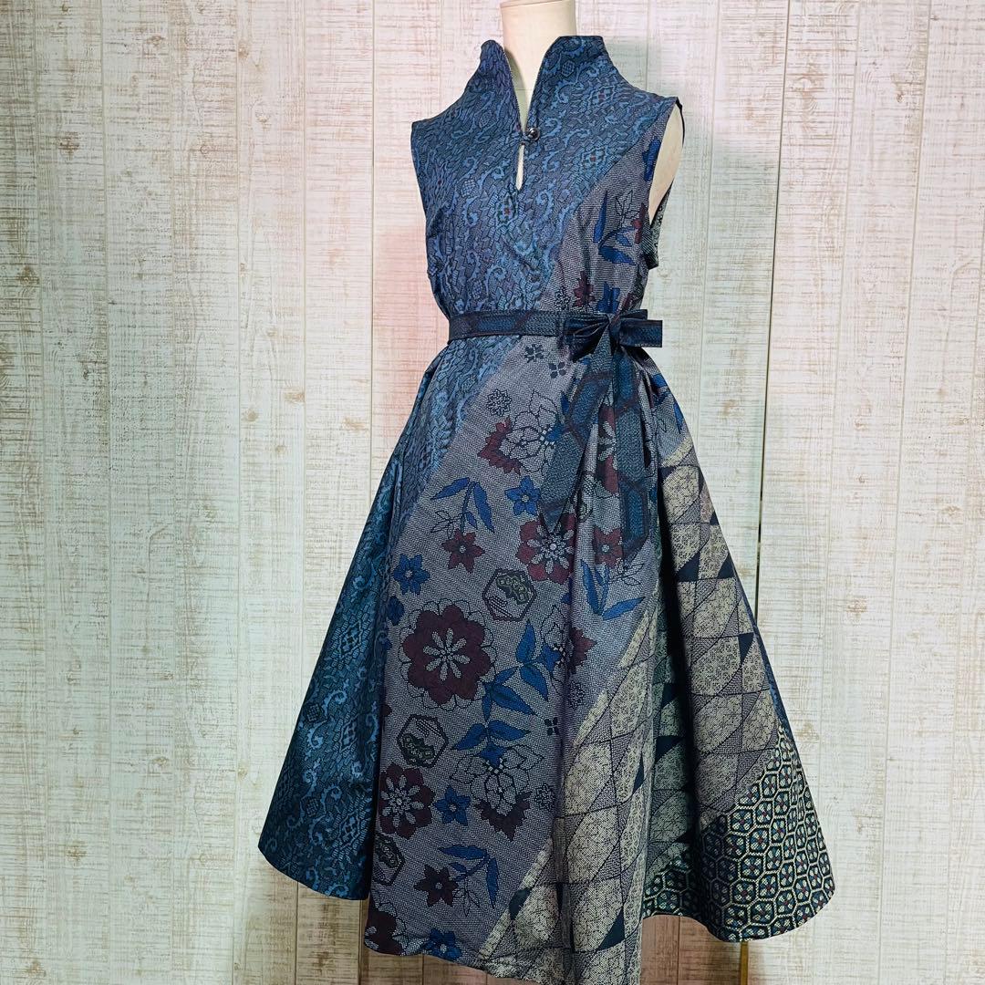 着物リメイク＊数種類の正絹大島紬で立ち襟＆テントラインワンピースＭ〜Ｌ