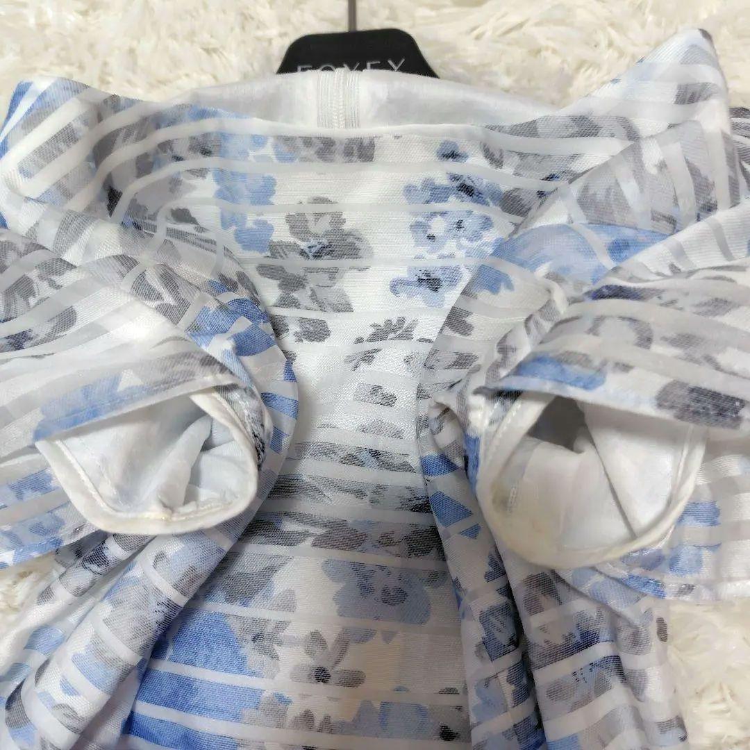 【美品♡人気デザイン】エムズグレイシー　シアーフラワーリボンフレアワンピース　青