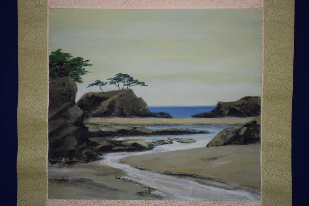 真作/中島光輪/椿の海辺図/桐共二重箱付/布袋屋掛軸HH-851