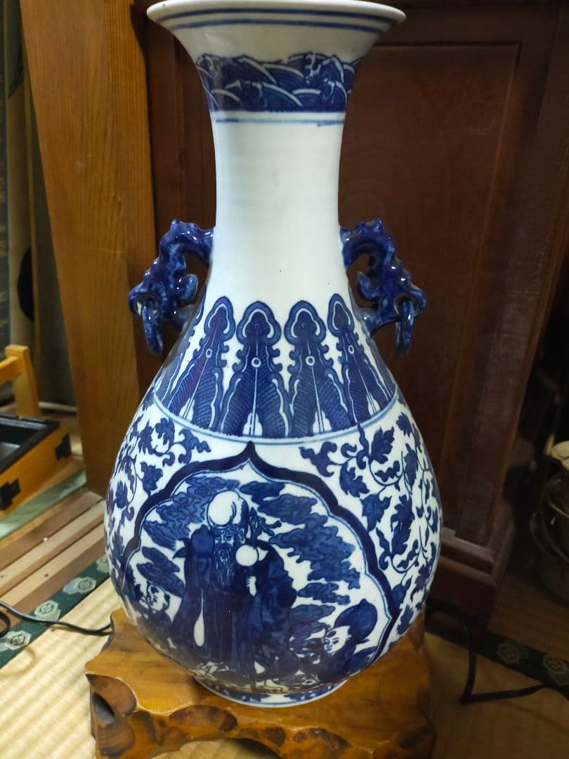 青花桃仙人図耳環付花瓶/大清乾隆年製/飾壺/中国美術 高さ約42cm