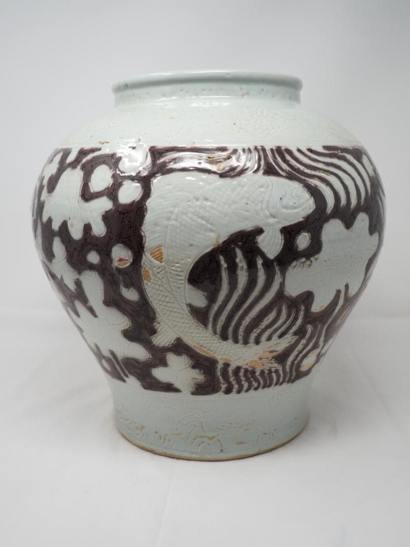 辰砂鉄砂　魚藻文　花瓶　壷　-SO