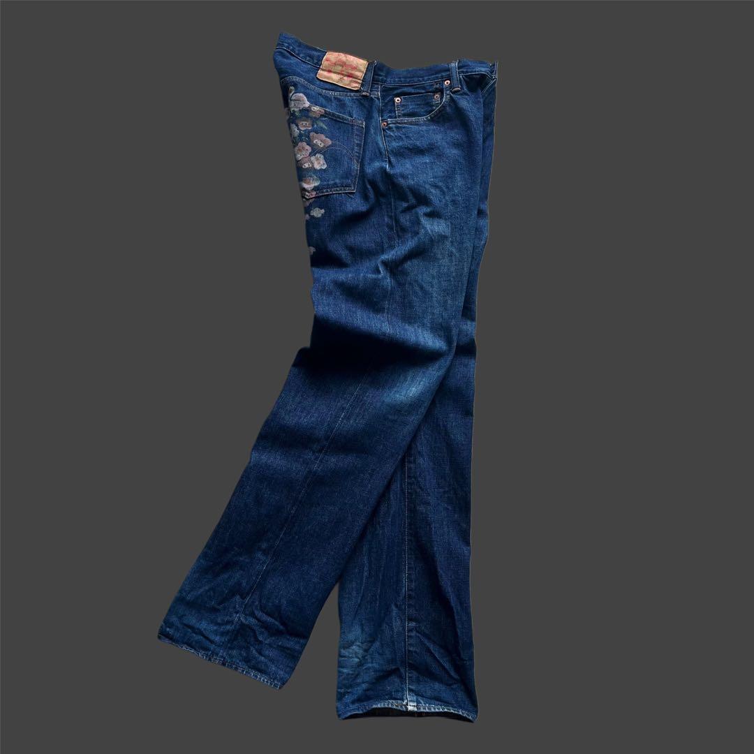 90s \"ダルチザン\" SD-301 極太 花柄ペイント デニムパンツ