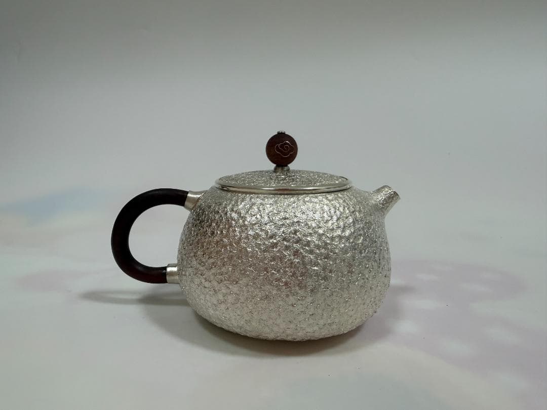 純銀製 丸形 唐木手 急須 銀瓶 煎茶道具