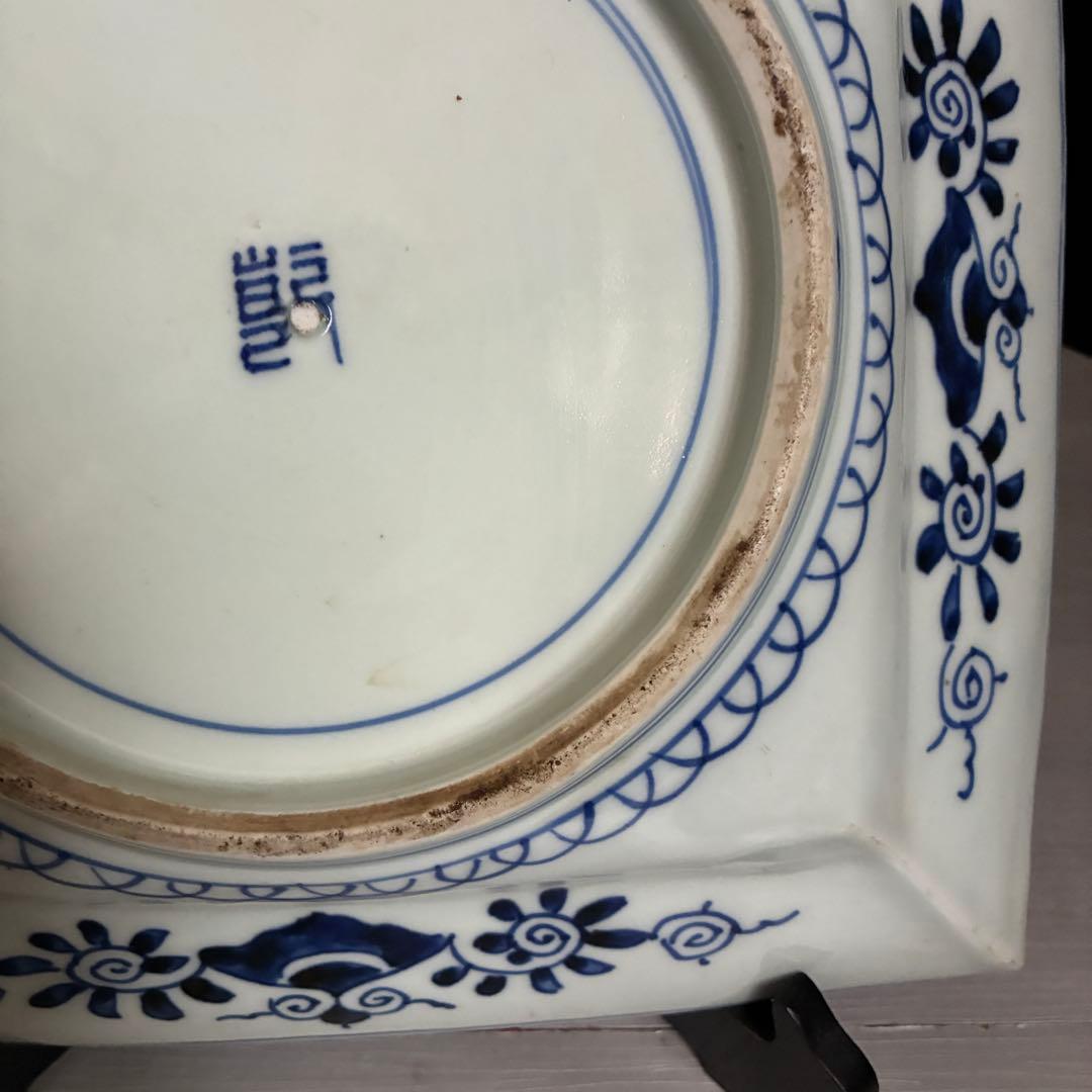 時代物 染付 牡丹文 角大皿 飾り皿 盛皿 骨董