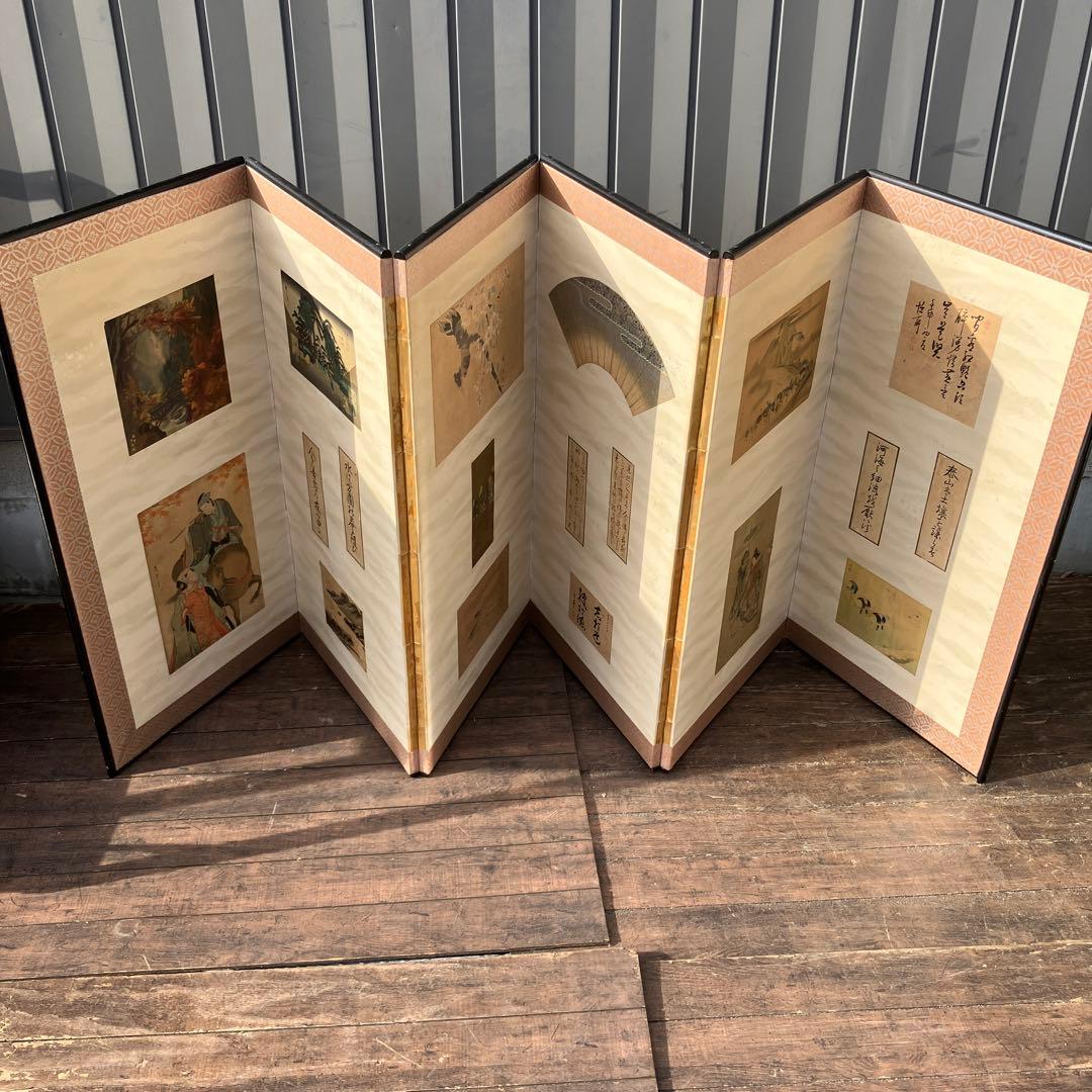 D-4 アンティーク 六曲屏風 貼交屏風 浮世絵 和歌 扇面 希少 六曲一隻