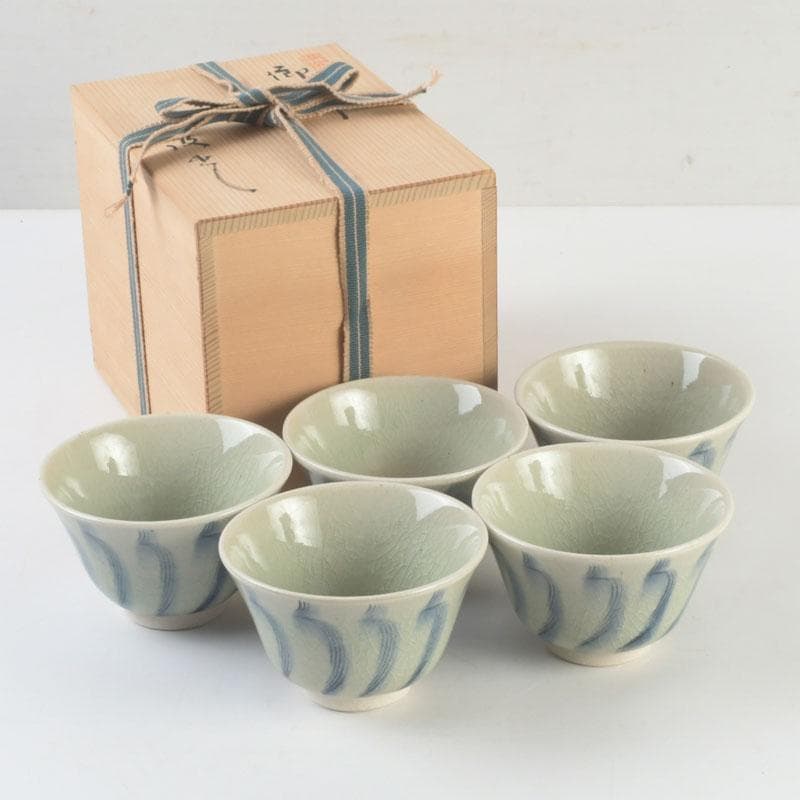 茶道具　御深井焼　南山窯　田沼春ニ作　染付　汲出茶碗　五客　共箱　V　9298