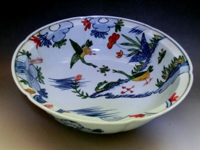 鉢■色絵染付「弥左衛門」花唐草 鳥 花弁型 丸鉢 平鉢 菓子器 時代物 骨董品■