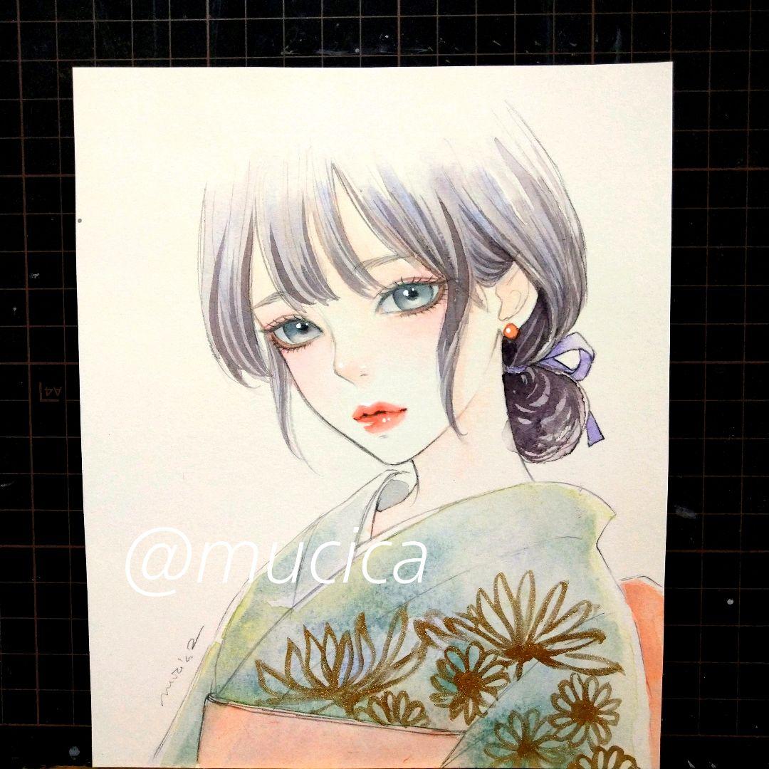 251130 手描きイラスト　絵画　オリジナル　アナログ　水彩画　美人画　和装