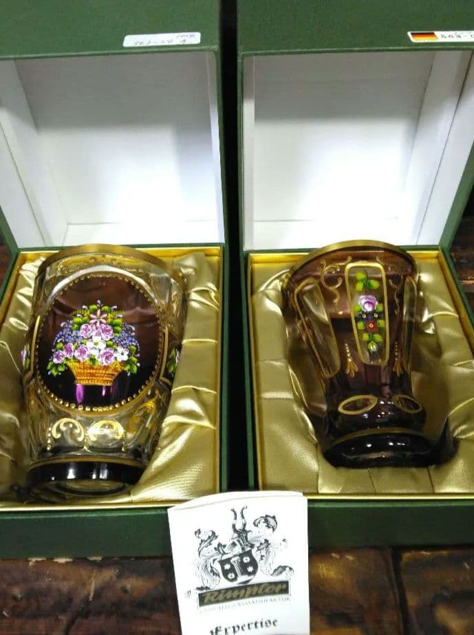 未使用　ドイツ製　ゴブレット　ペア　ハンドエナメル　ルビーレッド 　クリスタル