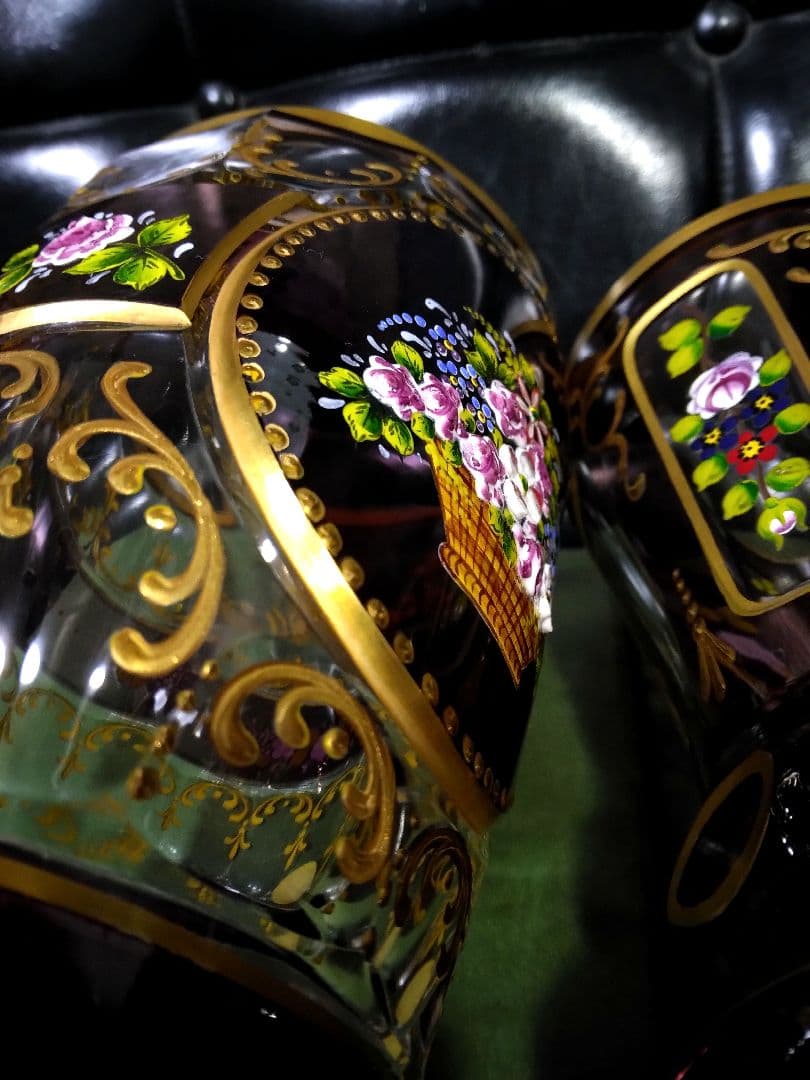 未使用　ドイツ製　ゴブレット　ペア　ハンドエナメル　ルビーレッド 　クリスタル