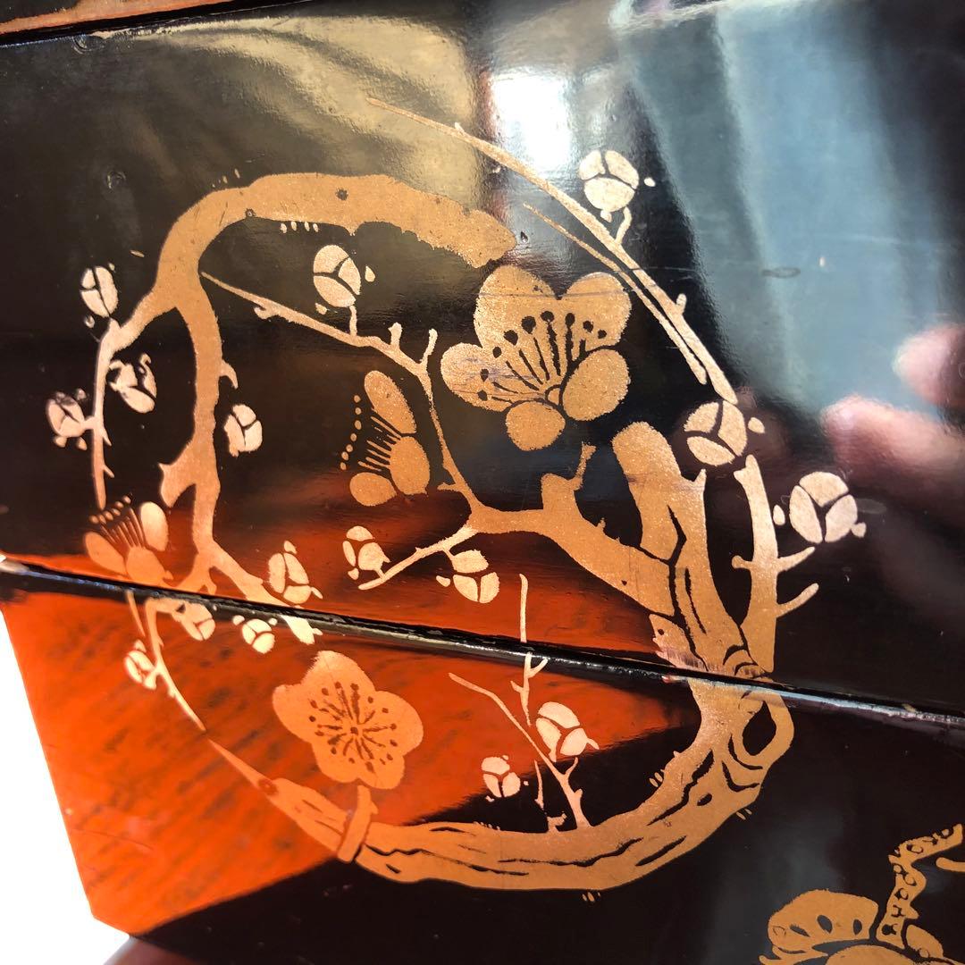 伝統的な木製黒塗 金松竹梅柄 二段重箱 漆器 伝統工芸 昭和初期 朱塗