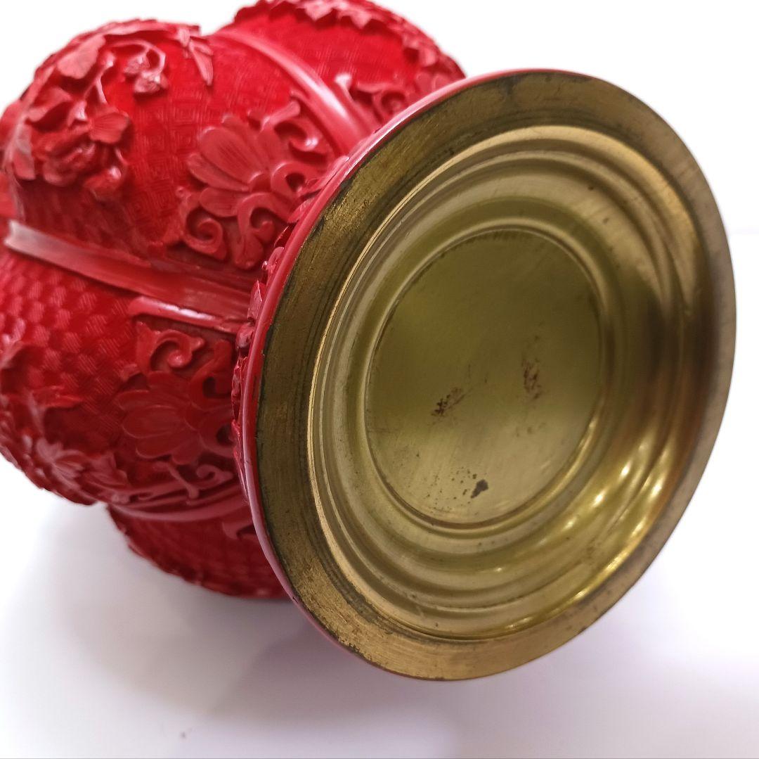 Y2551 中国 堆朱 6面花図 花瓶 高さ31.5㎝