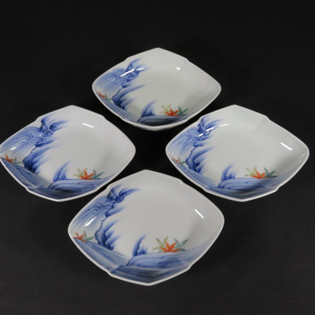 皿 向付 4客 染付 変形 渦福 山水 風景 唐草