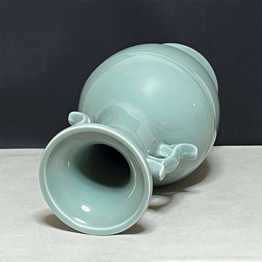 加藤渓山 砧青磁 耳付 花瓶 共箱 青磁 耳付花入 茶道具 【k3251】