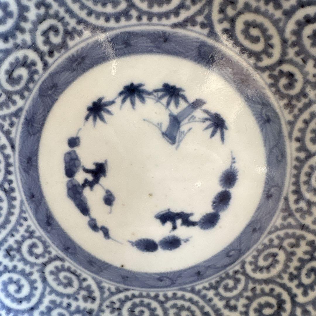 伊万里 有田 染付 印判手 輪花小皿 蛸唐草 見返し蓮弁帯 見込 竹葉 花枝