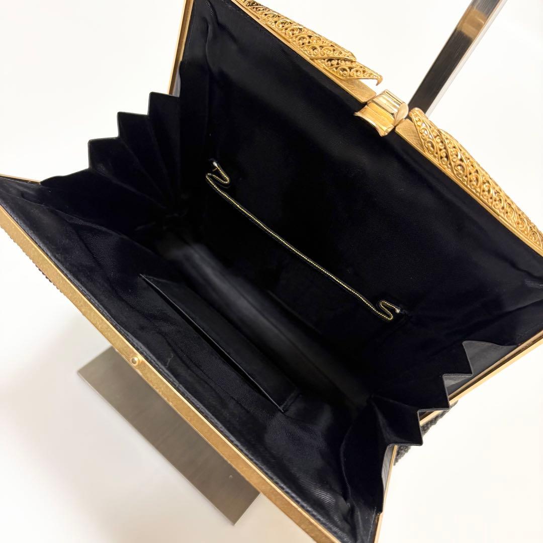 美品　柏ビーズ　ハンドバッグ　和装バッグ　総ビーズ　がま口　ゴールド金具　黒