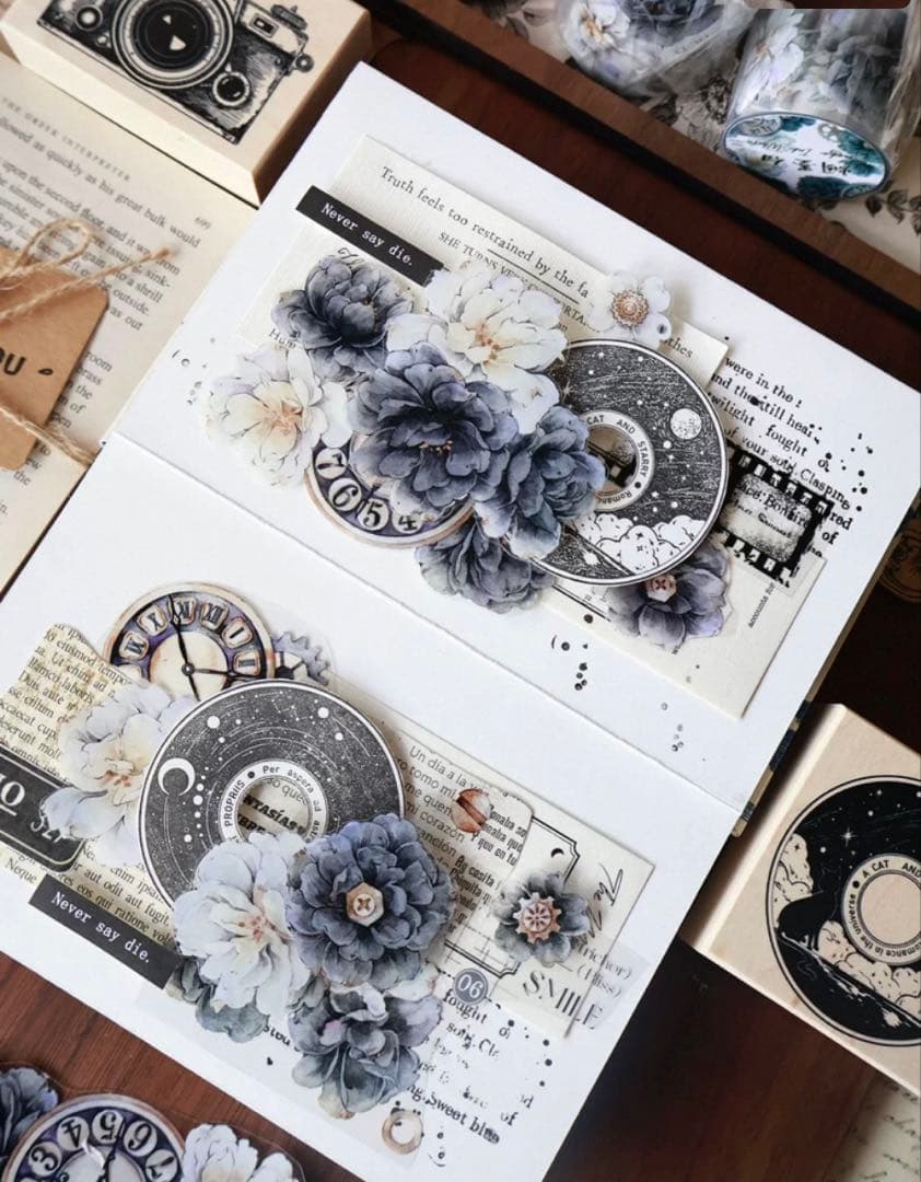 贝壳光 烟墨白 6cm×6m 海外マスキングテープ　海外マステ　時計　花