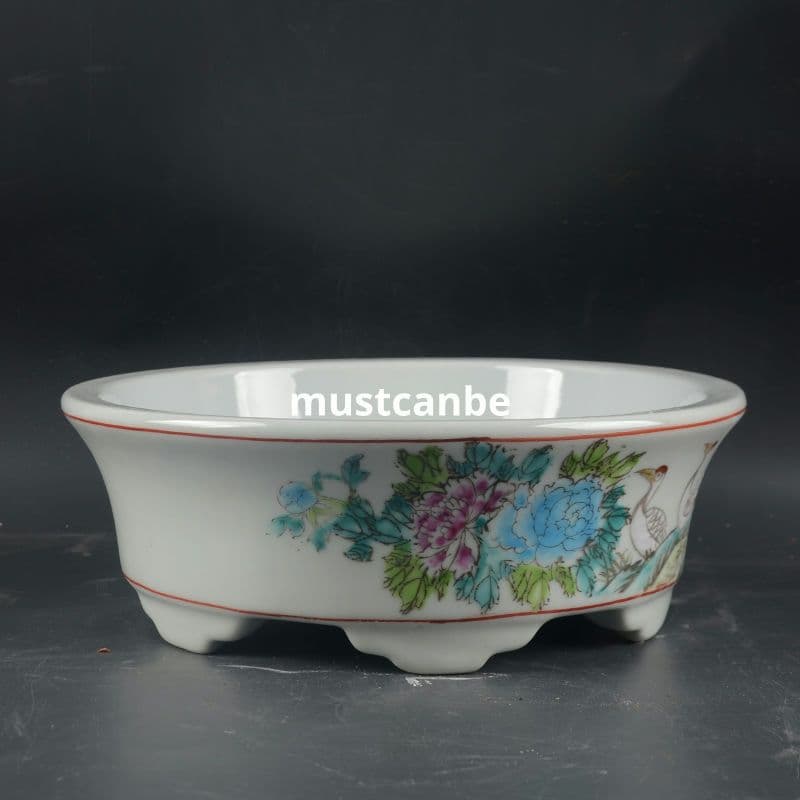 景徳鎮 磁器 手描きパステル彩鶴花鳥水仙鉢 大盆栽 小盆栽 工芸品 置物