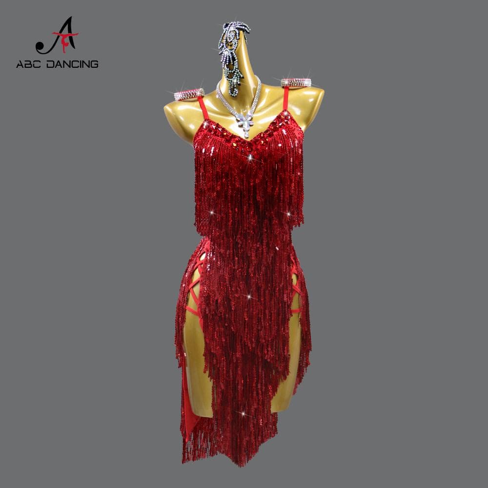 社交ダンス衣装ラテンドレスレッドキラキラスパンコール競技会デモ