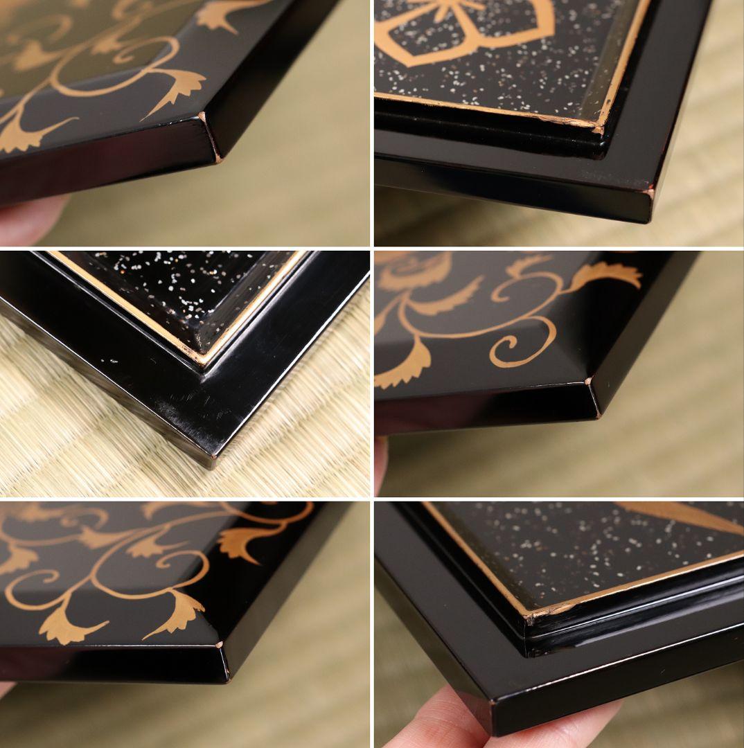 時代 牡丹唐草金蒔絵 黒塗 梨地 五段重 重台 桔梗紋 松鶴 共箱【MA120】