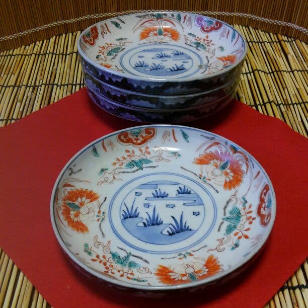 江戸後期古伊万里　染付色絵　鳳凰波千鳥文皿