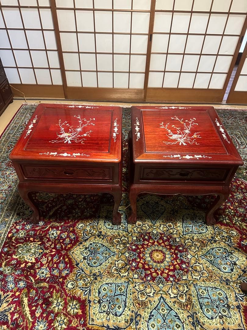 螺鈿細工 引き出し收納　木彫 花台 電話台 置物台 サイドテーブル2点セット