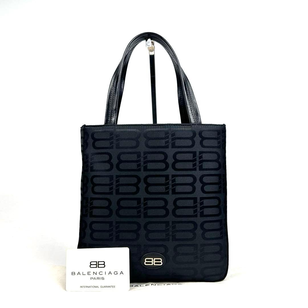 【美品】バレンシアガ　ハンドバッグ　BB　総柄　シルバー金具　ナイロン　レザー