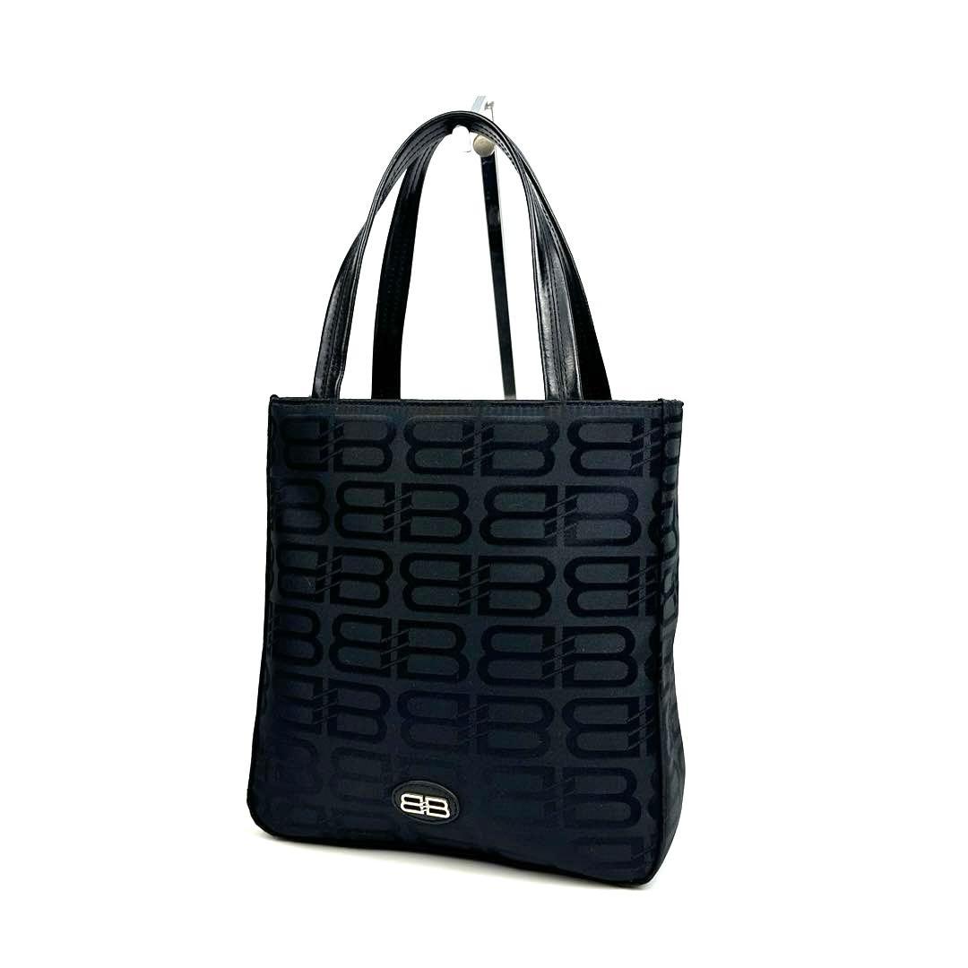 【美品】バレンシアガ　ハンドバッグ　BB　総柄　シルバー金具　ナイロン　レザー