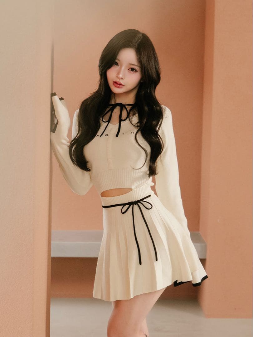 【即日発送】ウエストオープンリボンデザインニットミニワンピース　Darich