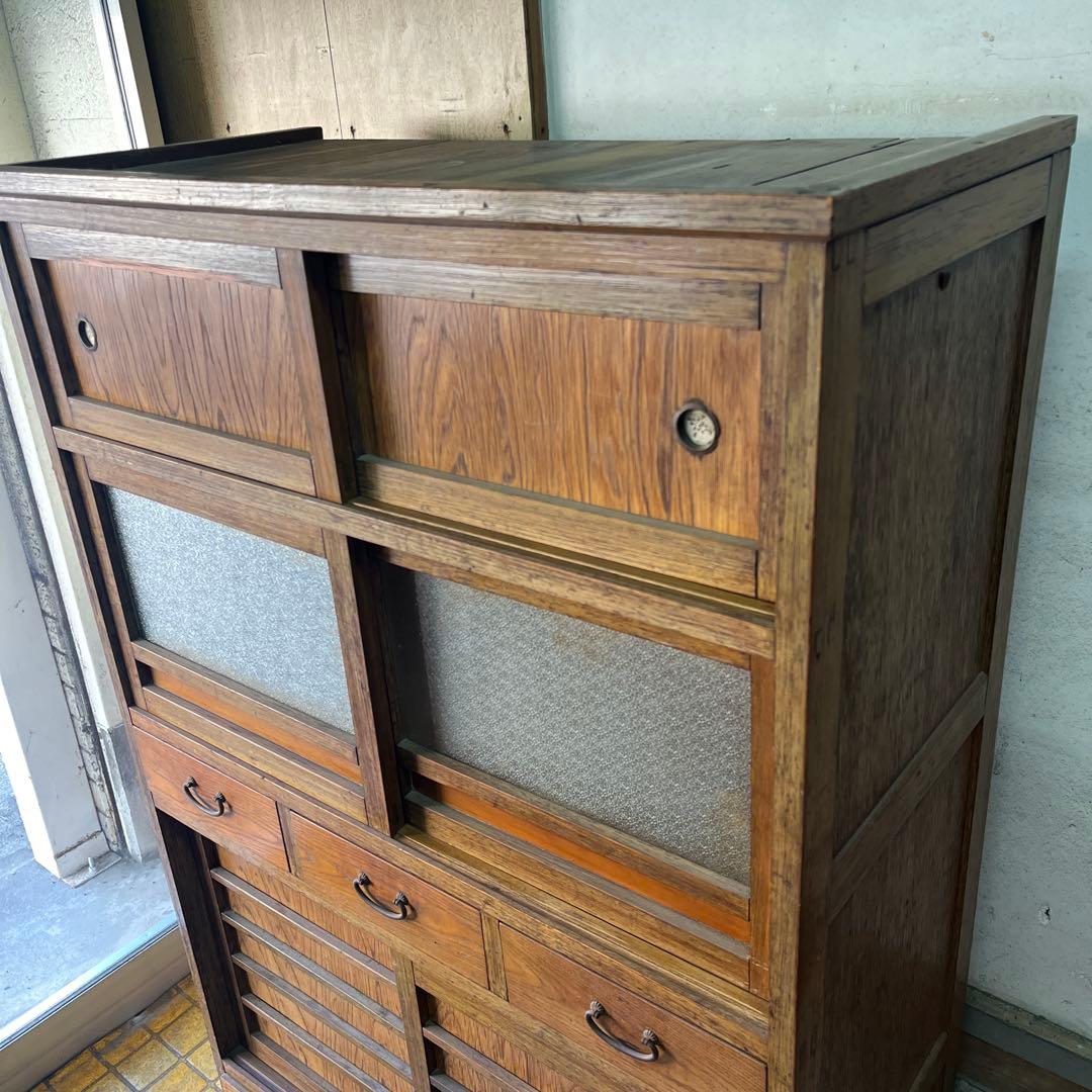 水屋箪笥 昭和初期 ガラス扉 キャビネット 引き出し三杯