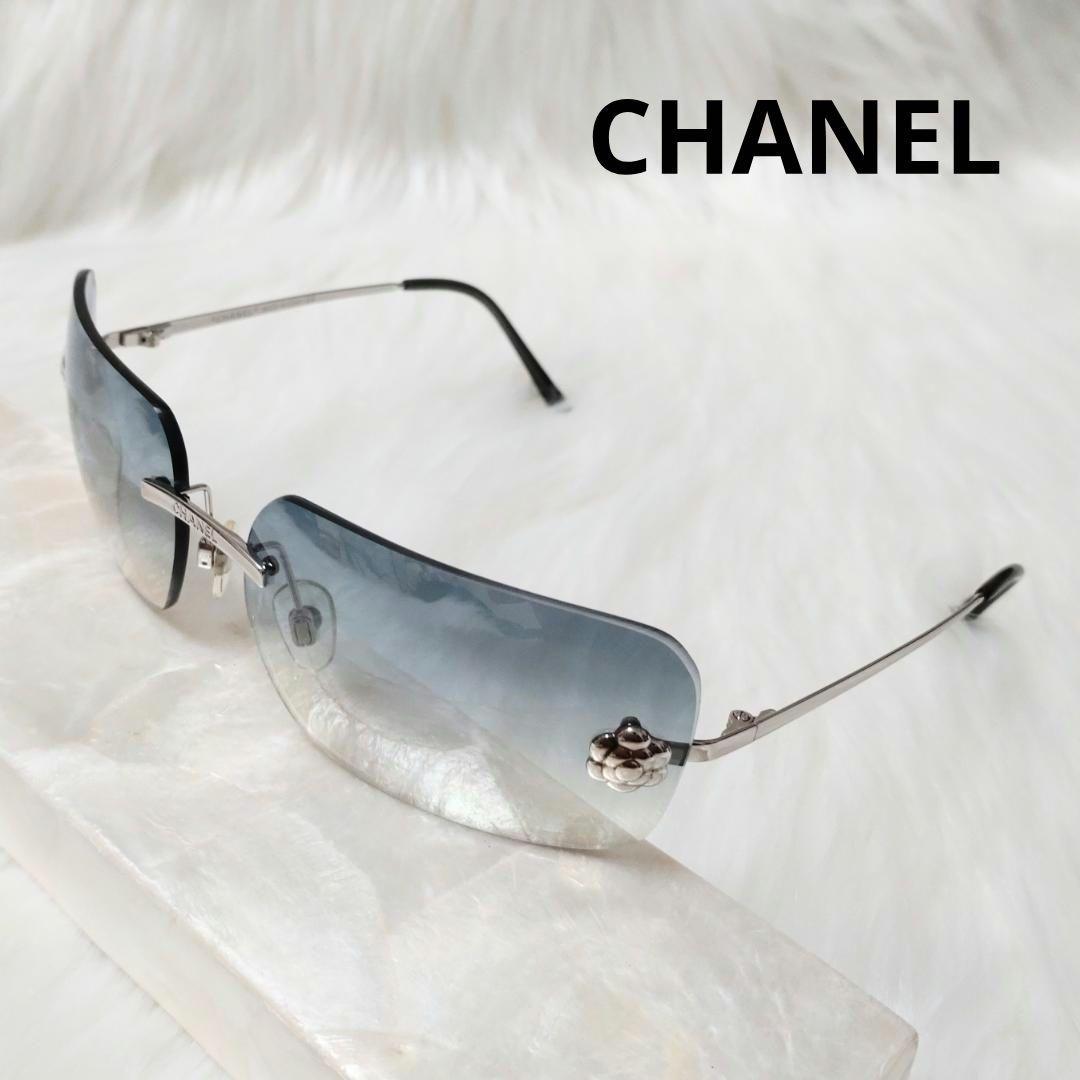 極美品✨CHANEL シャネル サングラス カメリア リムレス ブルー 保存箱