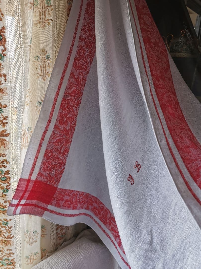 アンティーク ダマスクリネン 風鈴草 釣鐘草 百合の大判クロス フランス購入