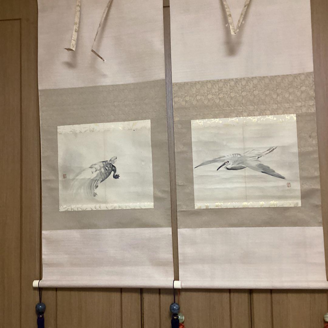 竹内栖鳳 肉筆双幅図 【 鶴 亀 】 慶事掛軸 桐箱　肉筆画【画帖画　軸仕立て品