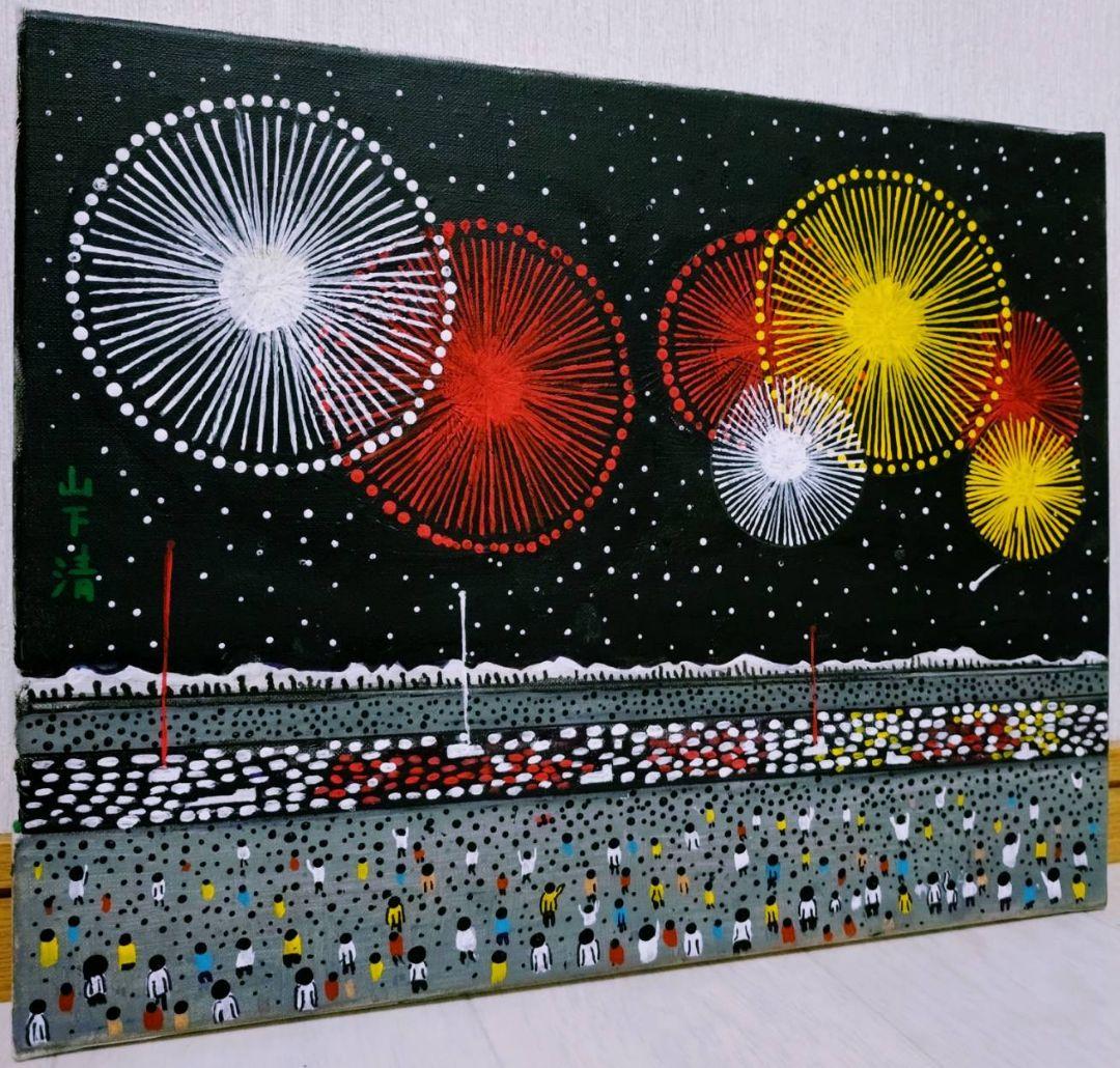 【F6号】山下清【長岡の花火】手描き/表裏サイン・共シール有り/油彩/油絵/額縁
