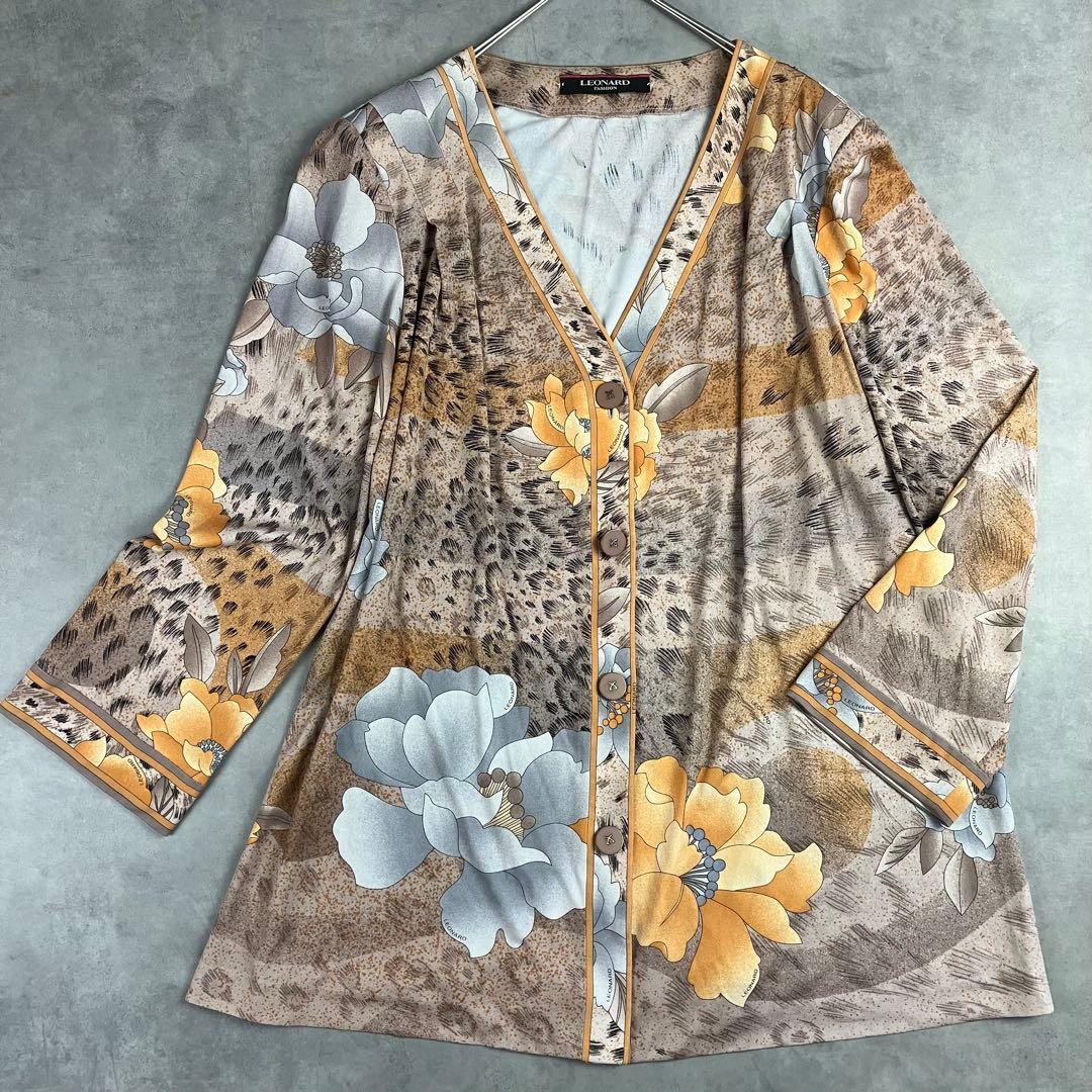 LEONARD レオナール 総柄カーディガン 42 大きいサイズ カンカン 花柄
