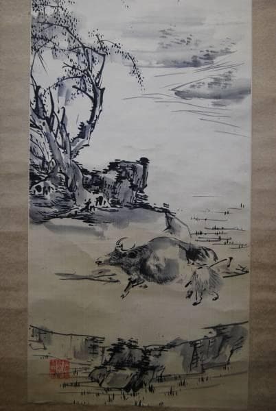 不詳/作者不詳/春郊牧牛画賛/絖本肉筆/布袋屋掛軸HB-138