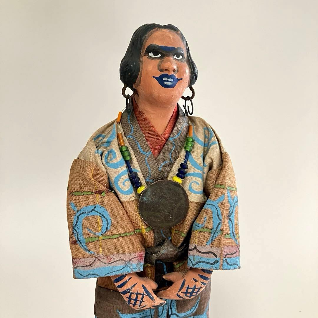 北海道　昭和初期　アイヌ　風俗人形　夫婦像　民俗資料　厚司織　タマサイ　民芸