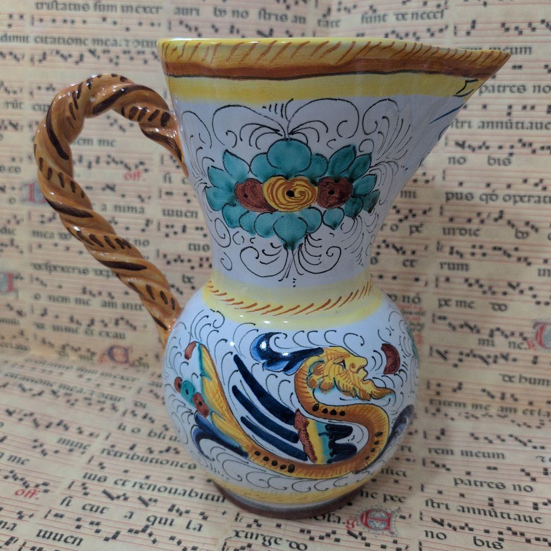 イタリア伝統工芸 デルータ焼 ドラゴン花模様ピッチャー ラファエレスク