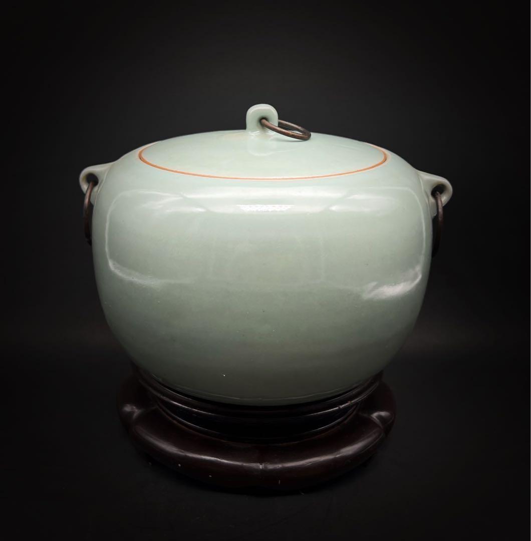 中国美術 古玩 青磁雙耳壺　お茶入れ　茶筒 茶道具