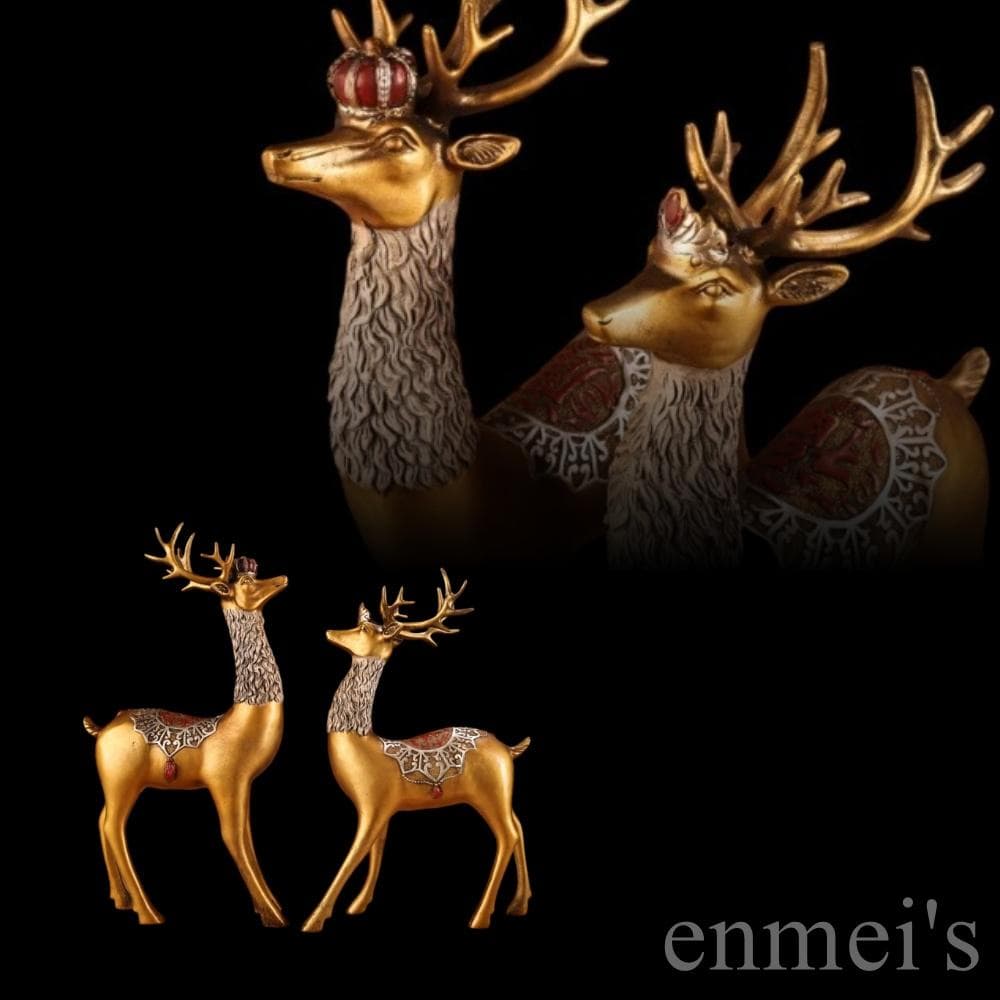 中国古美術 旧蔵 鏨刻描金彩絵 招財鹿一対 純銅 高浮彫 極細工 古銅器 置物