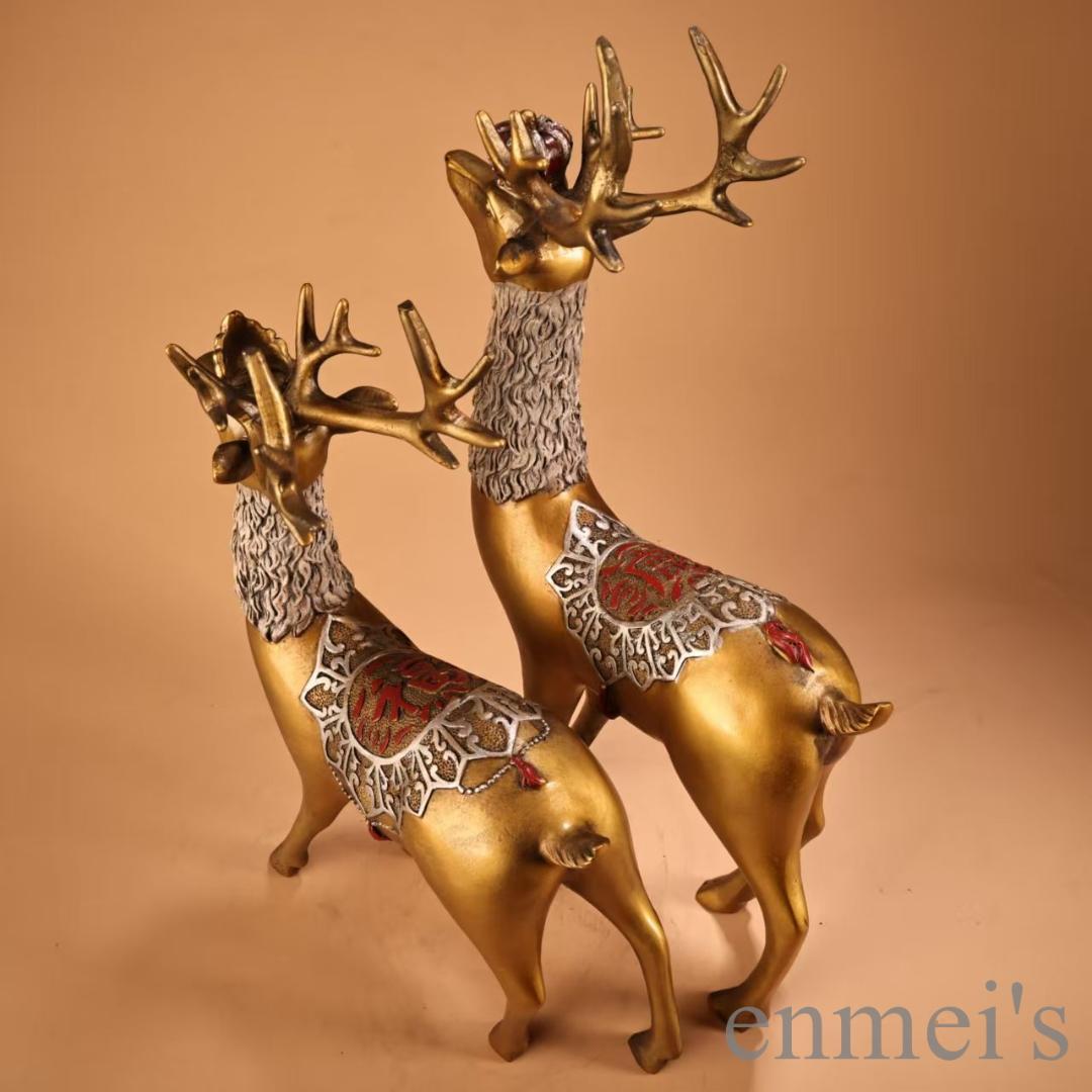 中国古美術 旧蔵 鏨刻描金彩絵 招財鹿一対 純銅 高浮彫 極細工 古銅器 置物