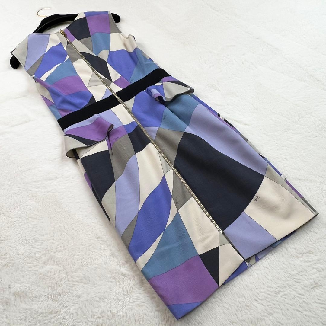 美品【エミリオプッチ】ウールウエストフリルノースリーブワンピース☆幾何学柄☆L