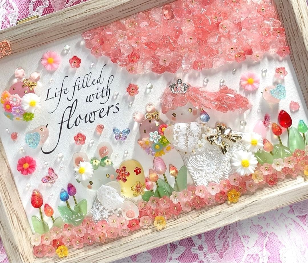 1249 春爛漫イースター 桜とお花畑 フラワーインテリアシーグラスアート 飾り