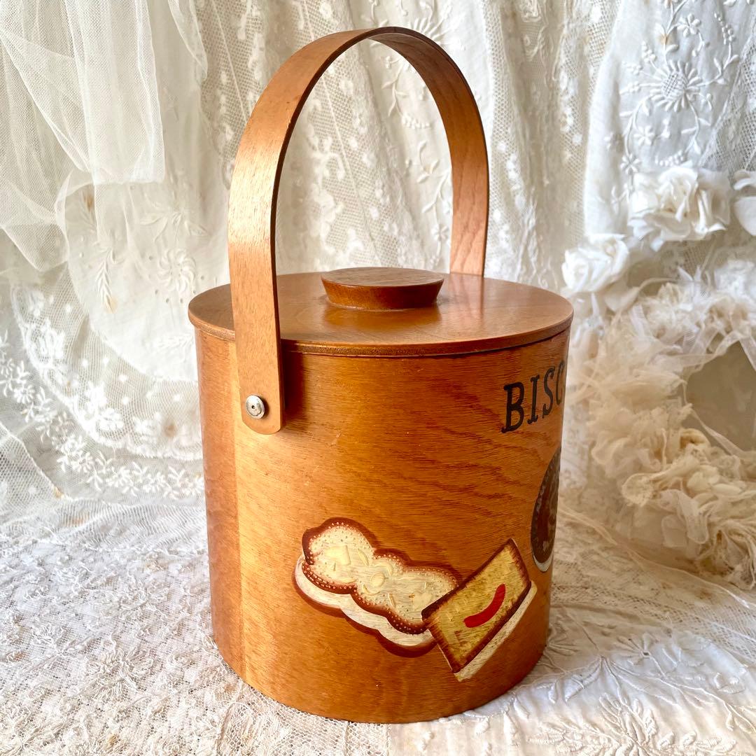 木製蓋付きビスケットジャー　キャニスター入れ持ち手ハンドルヨーロッパヴィンテージ