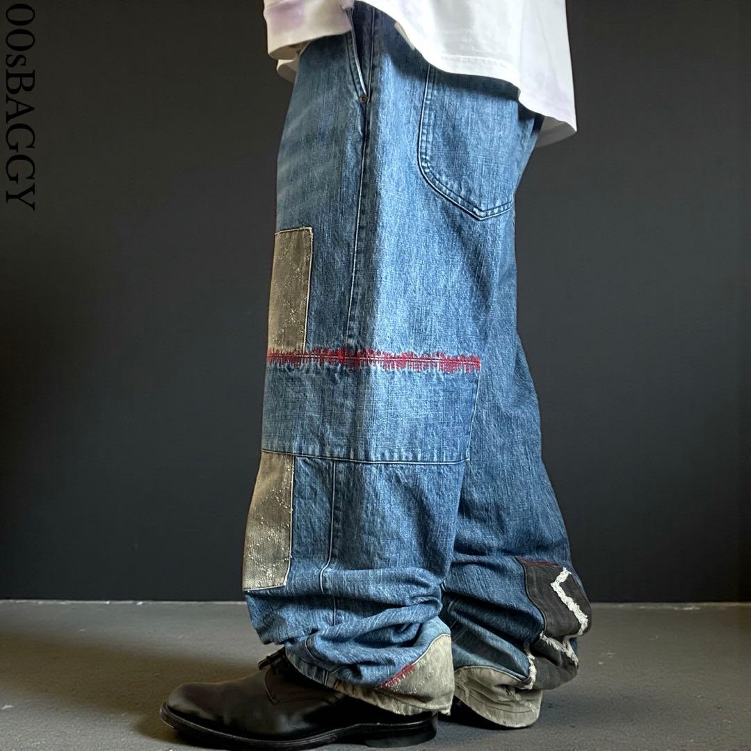 極太00s Mackdaddy ダメージリペア加工バギーデニム B系HIPHOP