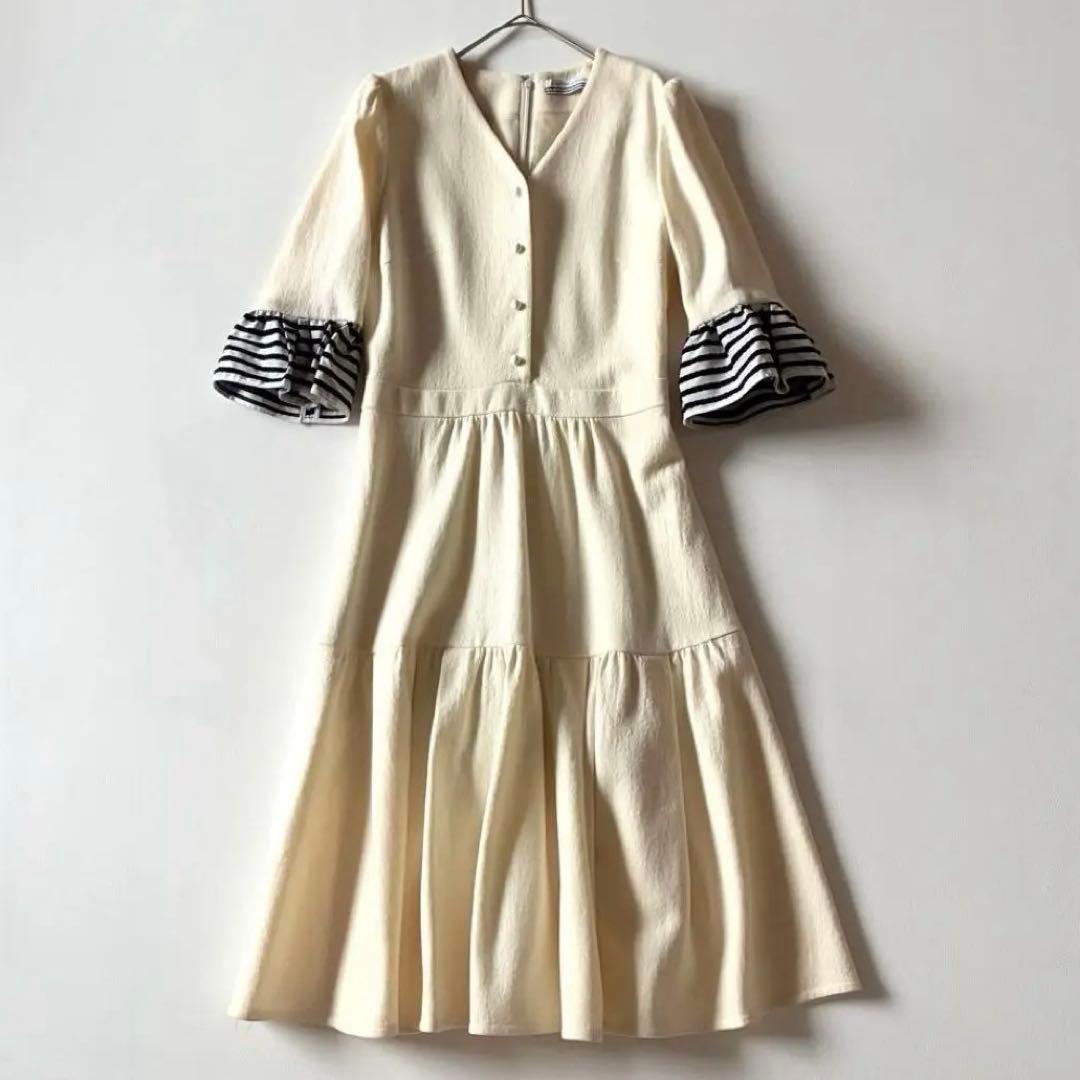 ボーダーズアットバルコニー　ティアードドレス　ワンピース　ウール　フリル袖　36