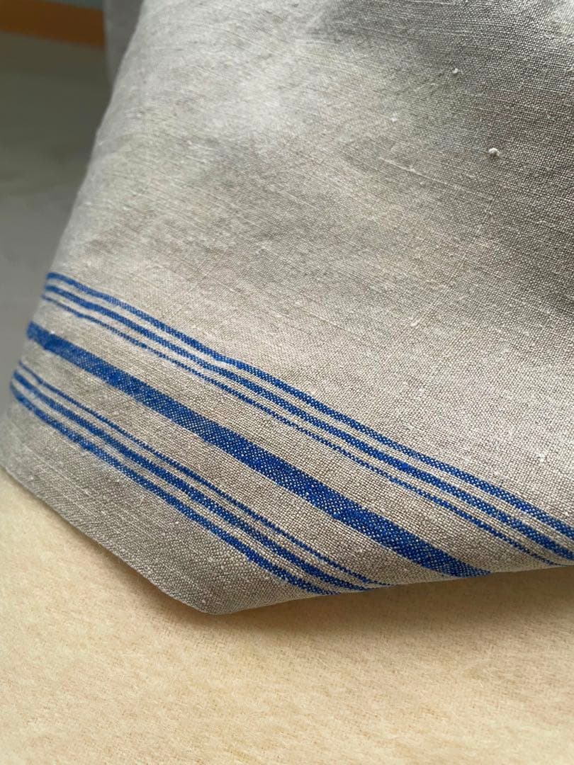 希少　フランスアンティークリネン　麻生地　クロス　綺麗ブルーライン　70×152